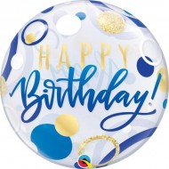 Blue & Gold Dots Happy Birthday Bubble Balloon 